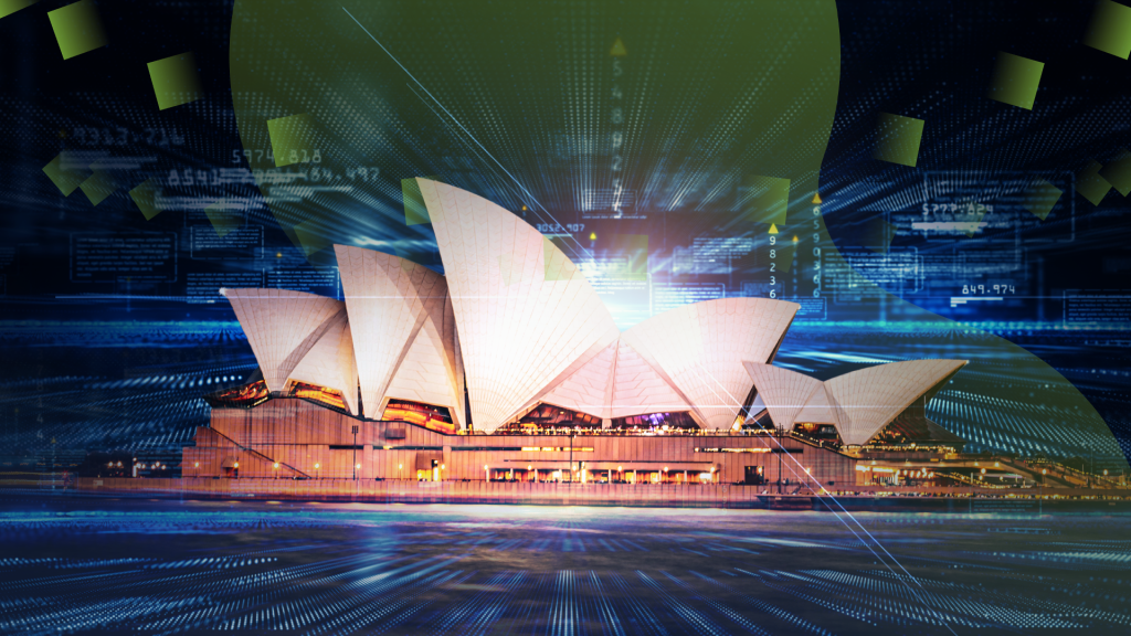 Digital transformation in legal lending showcased with Sydney Opera House and advanced technology, representing Green Mortgage Lawyers.
